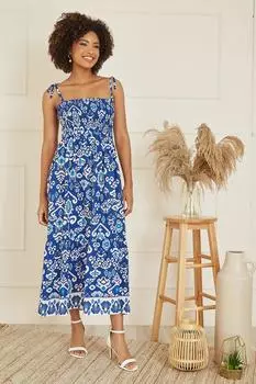 Синее солнцезащитное платье миди с принтом икат Yumi, синий