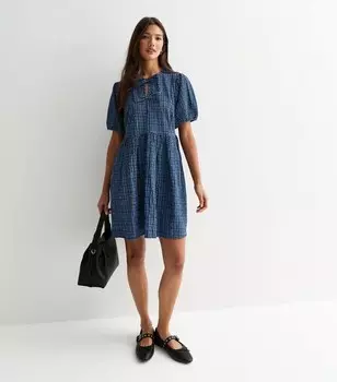 Синее свободное платье в клетку с бантом спереди New Look, синий