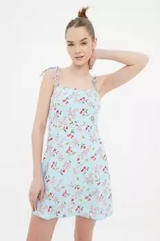 Синее тканое платье с бретелями и цветочным узором TWOSS21EL2569 Trendyol, синий