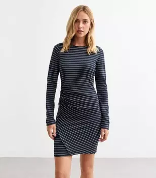 Синее трикотажное мини-платье со сборками и длинными рукавами в полоску New Look, синий