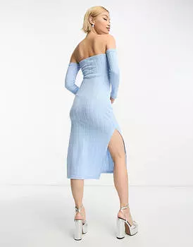 Синее трикотажное платье миди с открытыми плечами и разрезом до бедра Rebellious Fashion