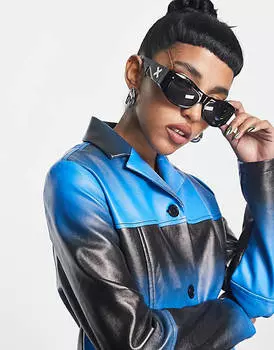 Синее удлиненное кожаное пальто с градиентным принтом COLLUSION