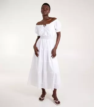 Синее ванильно-белое платье макси с открытыми плечами и вышивкой Blue Vanilla, белый