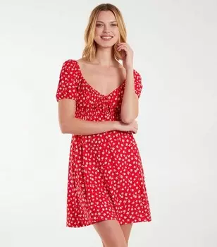 Синее ванильно-красное мини-платье с цветочным принтом и завязкой спереди Blue Vanilla, красный