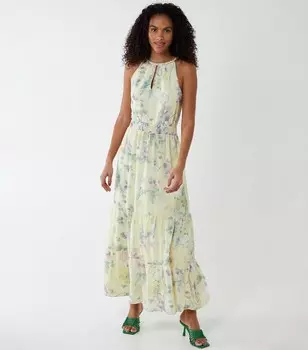 Синее ванильно-желтое многоярусное платье макси с воротником-халтер и цветочным принтом Blue Vanilla, оранжевый/желтый