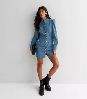 Синее вельветовое мини-платье-рубашка с длинными рукавами и пуговицами спереди Gini London Gini London, синий