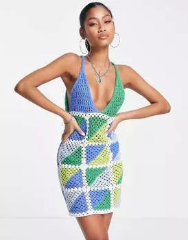 Синее вязаное мини-платье в технике пэчворк ASOS DESIGN