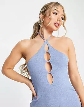 Синее вязаное пляжное платье с вырезом через шею ASYOU