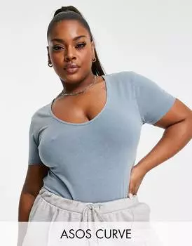 Синее выстиранное боди с короткими рукавами ASOS DESIGN Curve