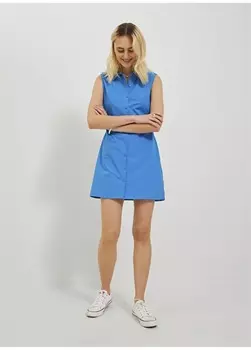 Синее женское платье макси с рубашечным воротником JJXX