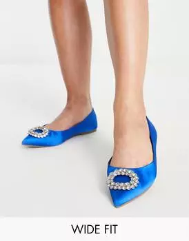 Синие атласные балетки с острым носком ASOS DESIGN Wide Fit Laura с украшением