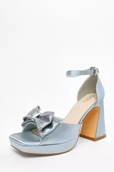 Синие атласные босоножки на платформе и каблуке с бантом спереди QUIZ Clothing