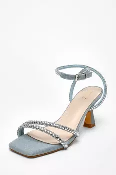 Синие джинсовые босоножки со стразами и асимметричным каблуком QUIZ Clothing