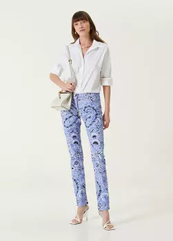 Синие джинсовые брюки узкого кроя с цветочным принтом Etro