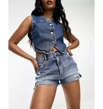 Синие джинсовые рваные шорты Mom с завышенной талией Pull&Bear