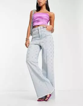 Синие джинсы с вышивкой стразами по всей поверхности ASOS LUXE