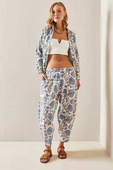 Синие льняные брюки шальвар с узором 3YXK5-47515-12 XHAN