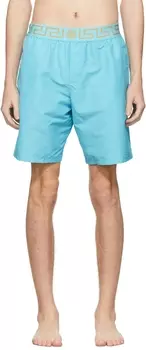 Синие плавательные шорты средней длины с каймой Greca Versace Underwear