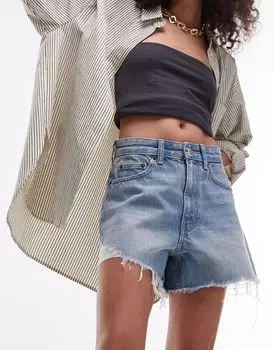Синие расклешенные джинсовые шорты с рваными краями Topshop