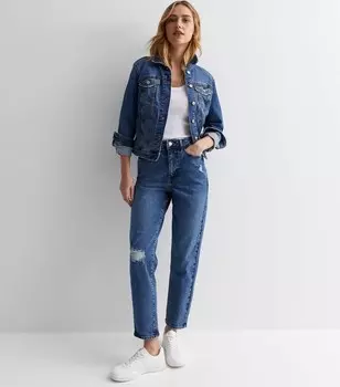 Синие рваные джинсы Tori Mom с высокой талией New Look, синий