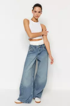 Синие широкие джинсы с заниженной талией и декоративной строчкой Trendyol, синий