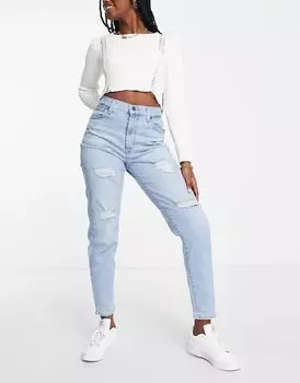 Синие светлые джинсы Mom с высокой талией и рваными краями Levi's