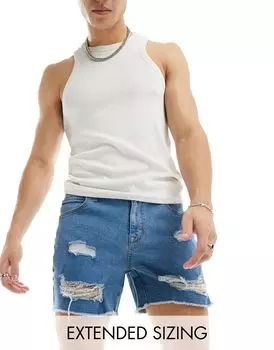 Синие укороченные джинсовые шорты средней стирки с рваными краями ASOS DESIGN