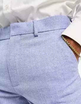 Синие узкие брюки из смесовой шерсти ASOS с рисунком "елочка"