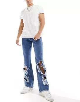 Синие винтажные расклешенные джинсы с крупными рвами ASOS DESIGN