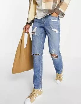 Синие зауженные джинсы с крупными разрезами ASOS DESIGN