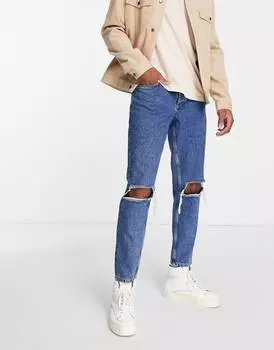 Синие зауженные джинсы с прорезами на коленях ASOS DESIGN