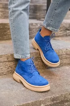 Синие женские замшевые ботильоны со шнуровкой MADAMRA