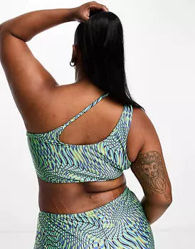 Синий асимметричный лиф бикини с абстрактным принтом COLLUSION Plus с вырезами