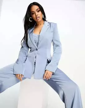 Синий атласный блейзер строгого кроя с разрезами Kaiia