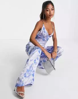 Синий атласный комбинезон на пуговицах с бюстгальтером и завязками на спине Topshop