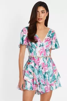 Синий атласный комбинезон с мраморным принтом QUIZ Clothing