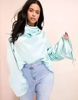 Синий атласный топ с драпировкой ASOS Curve