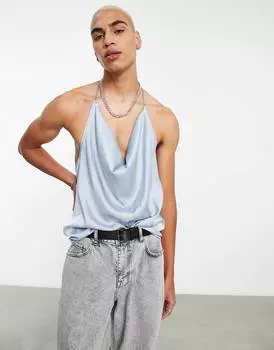 Синий атласный жилет ASOS DESIGN с воротником-хомутом и цепочкой