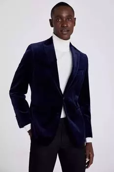 Синий бархатный жакет приталенного кроя MOSS, синий