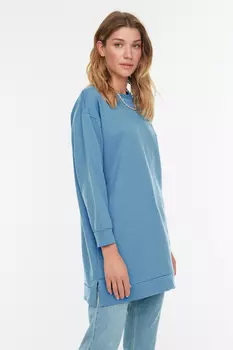 Синий базовый вязаный свитшот с круглым вырезом и разрезом Trendyol Modest