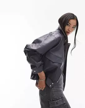 Синий бомбер большого размера из искусственной кожи с карманным воротником Topshop