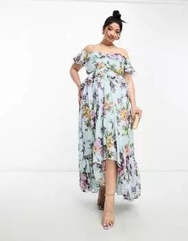 Синий цветочный принт ASOS DESIGN Curve макси-платье с открытыми плечами и глубоким подолом с рюшами ASOS Curve