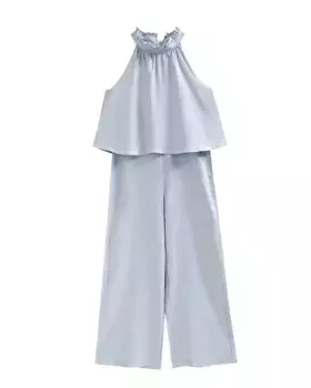 Синий девичий комбинезон с вырезом на шее и узлом Dadati