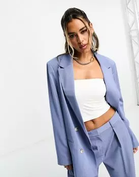 Синий двубортный саржевый пиджак ASOS