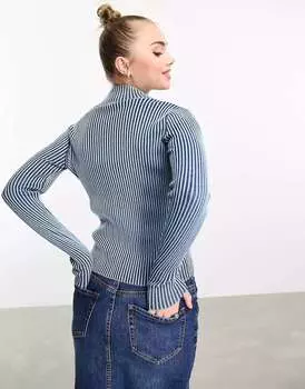 Синий джемпер с высоким воротником и контрастной молнией в рубчик Pimkie