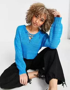 Синий джемпер со шнуровкой и отстрочкой ASOS DESIGN