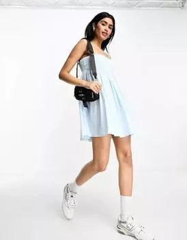 Синий хлопковый сарафан мини в полоску со складками на груди ASOS