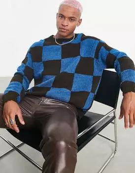 Синий и коричневый вязаный джемпер оверсайз в клетку ASOS DESIGN