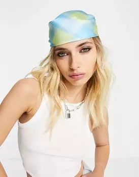 Синий и зеленый атласный платок на голову в клетку Topshop