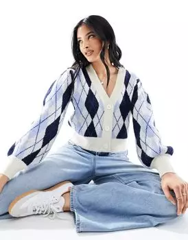 Синий кардиган мягкой вязки Monki в клетку с ромбами